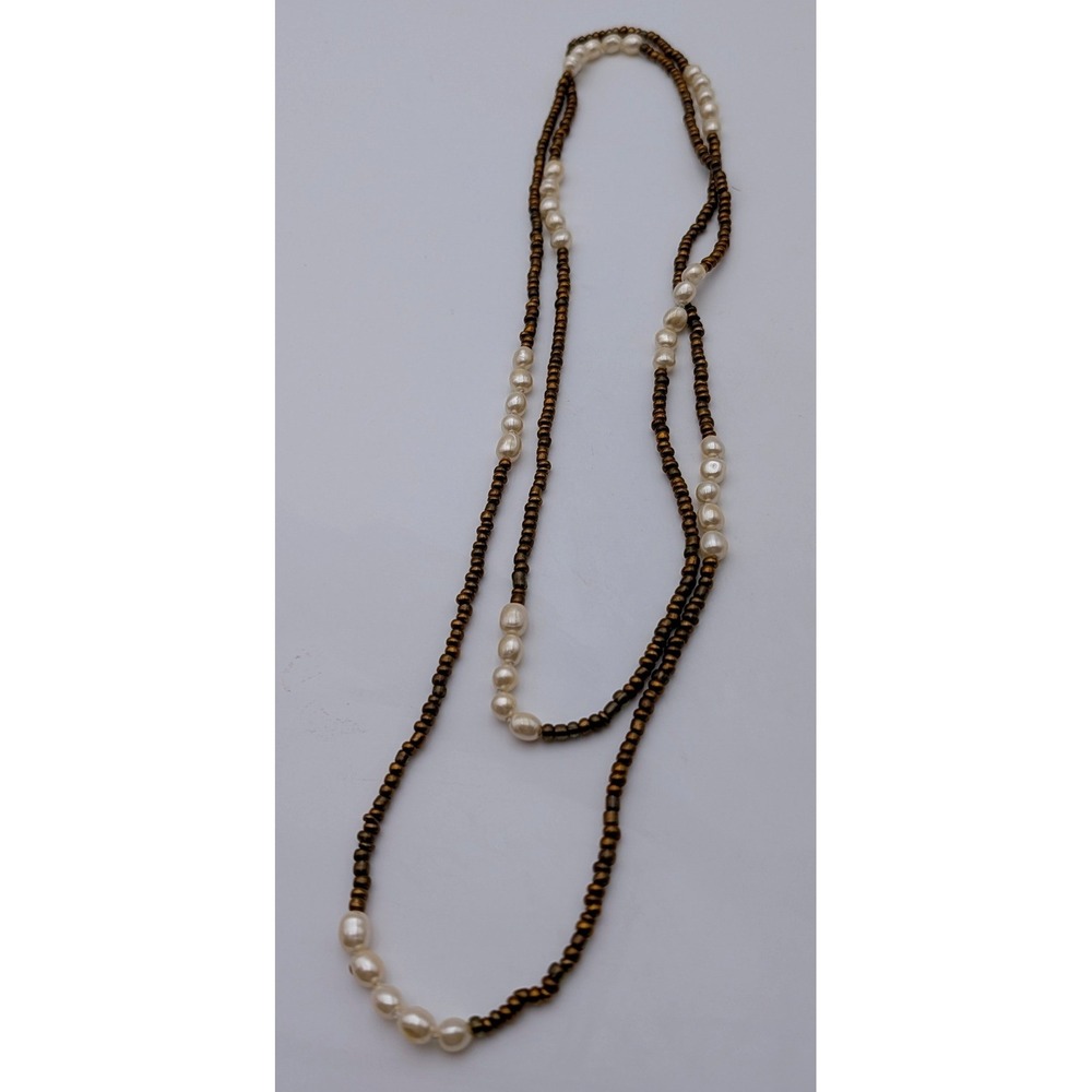 Freshwater Pearl and Bronze Seed Bead Long Strand Necklace Boho Layering 30 Inch
